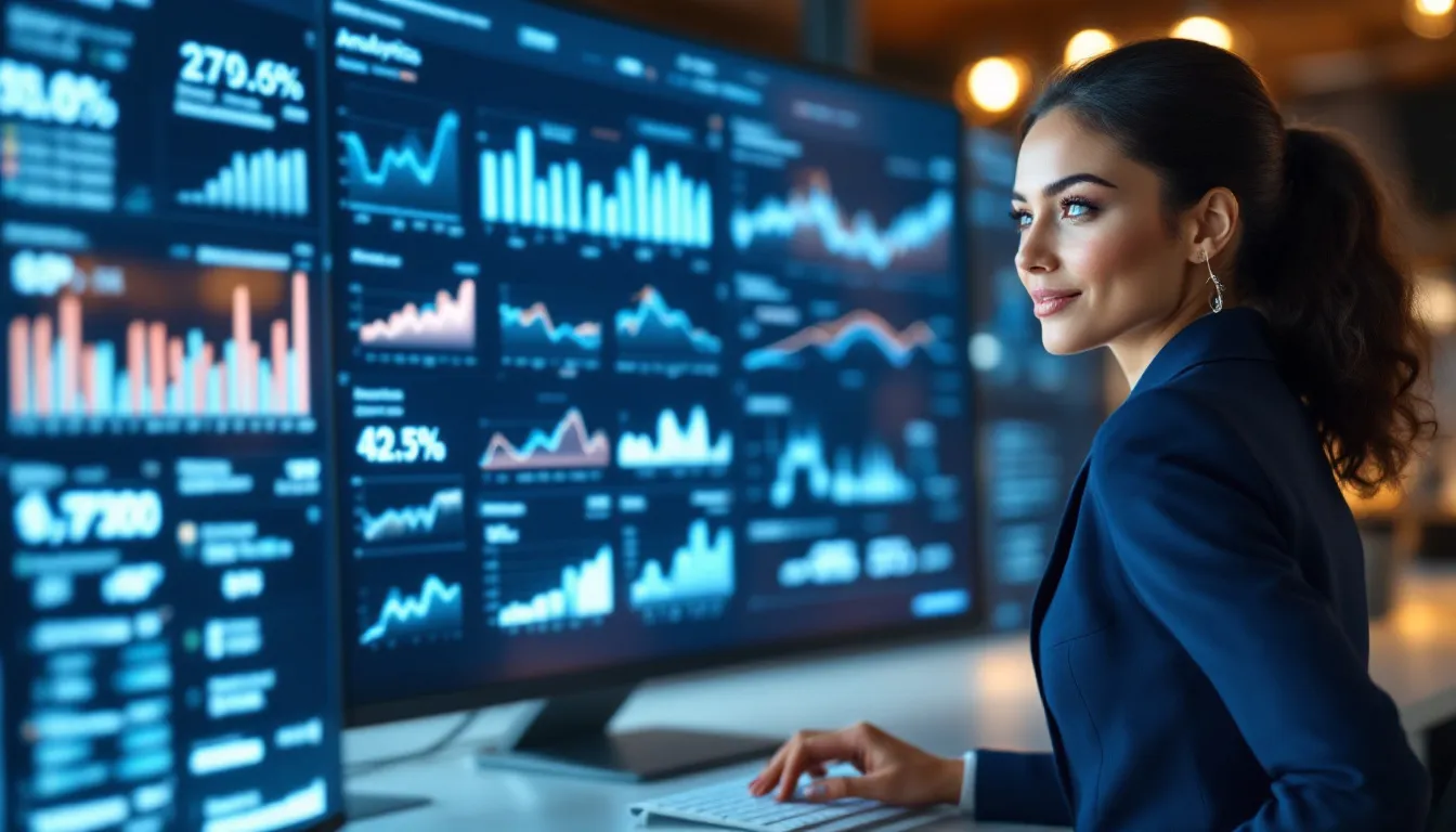 businesswoman looking at analytics dashboard