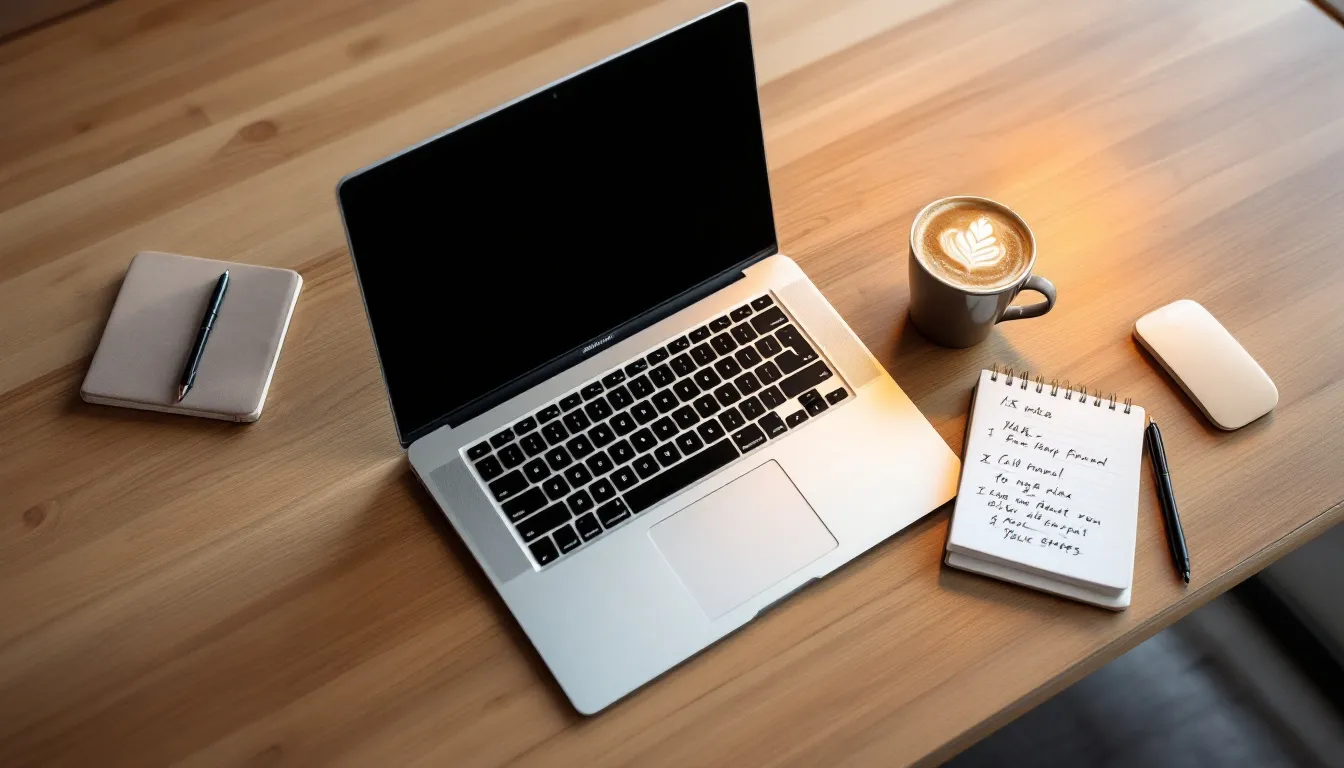 laptop on desk with coffee and notepad