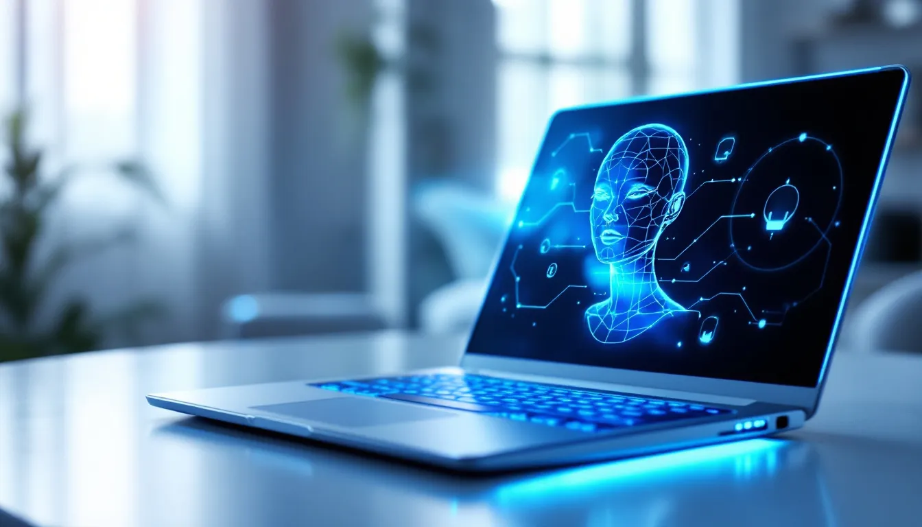 businesswoman using AI tools on laptop