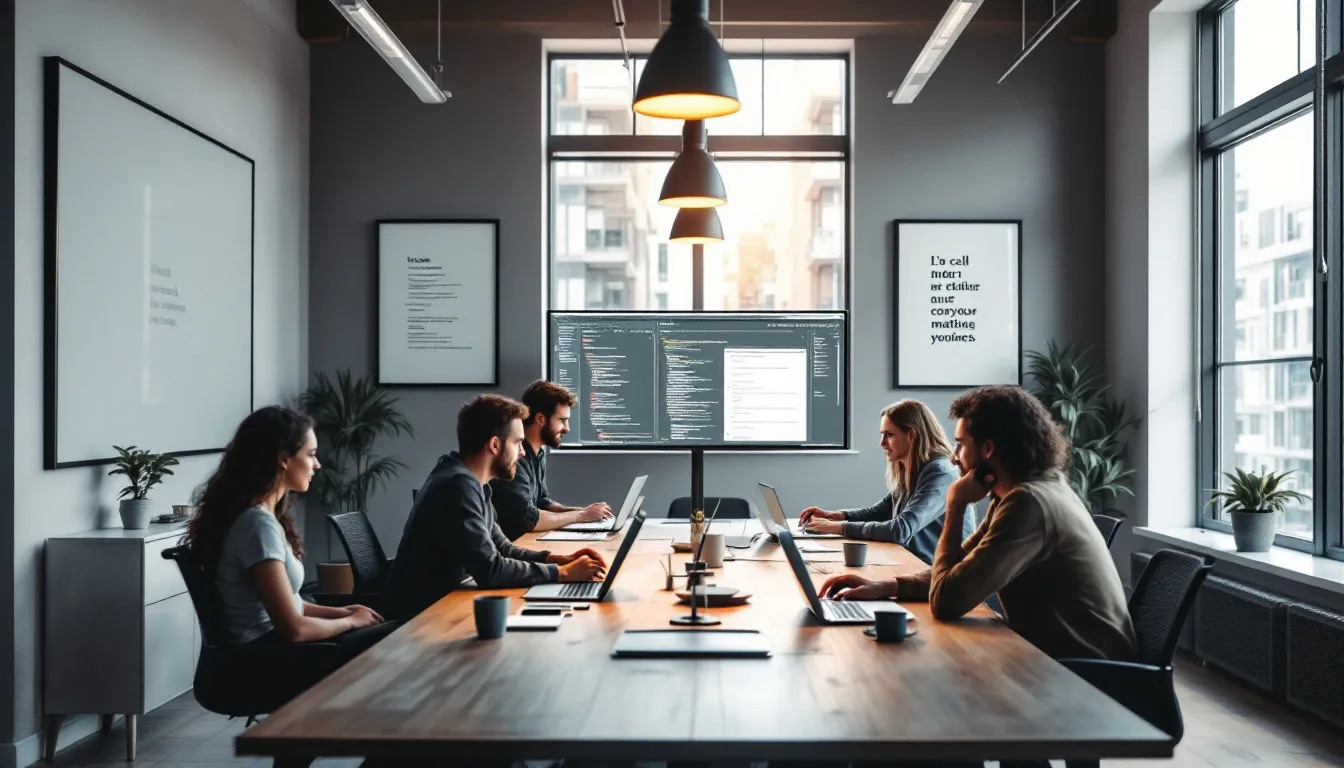 person thinking with laptop in coworking space