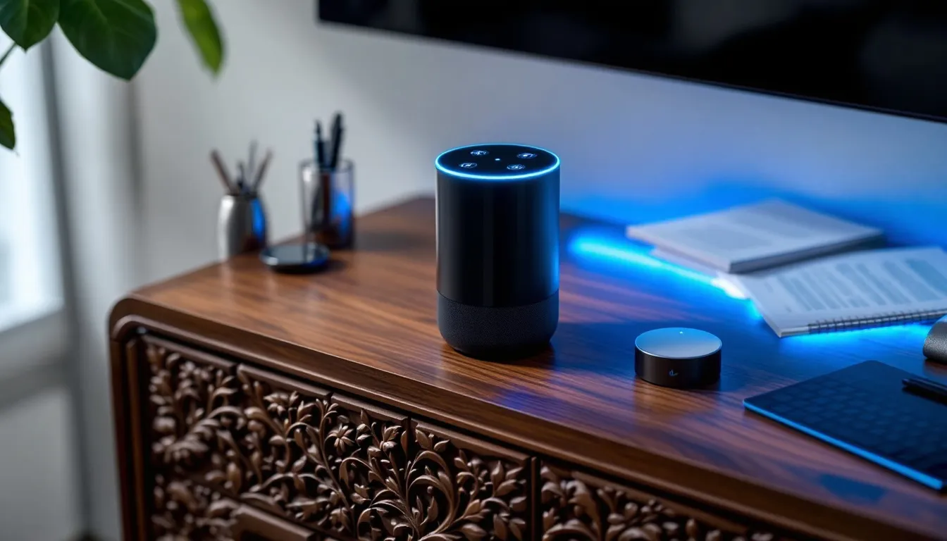 smart home assistant on wooden desk