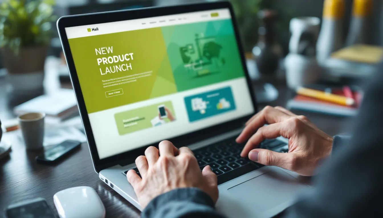 hands typing on laptop with marketing template