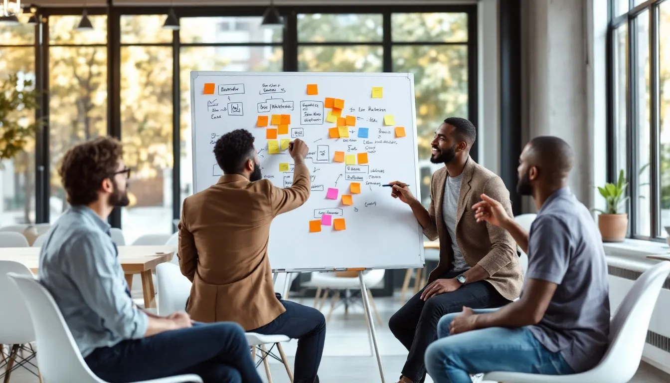 Marketing team planning with whiteboard