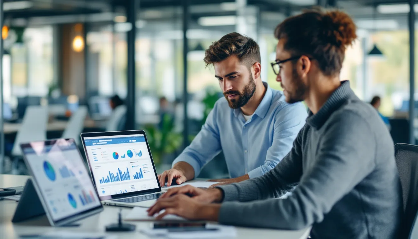 Business meeting with laptops and charts