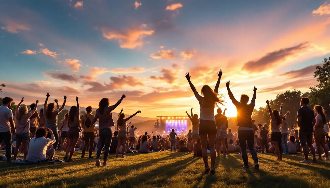 group enjoying outdoor concert at sunset
