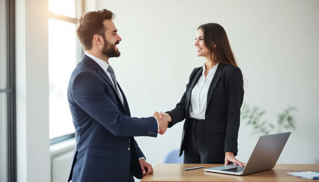 two hands shaking with laptop in background