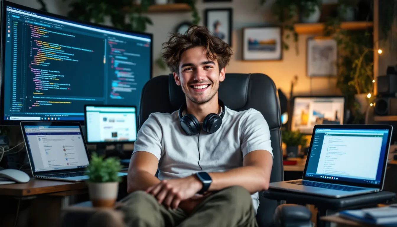 man reading on laptop at desk