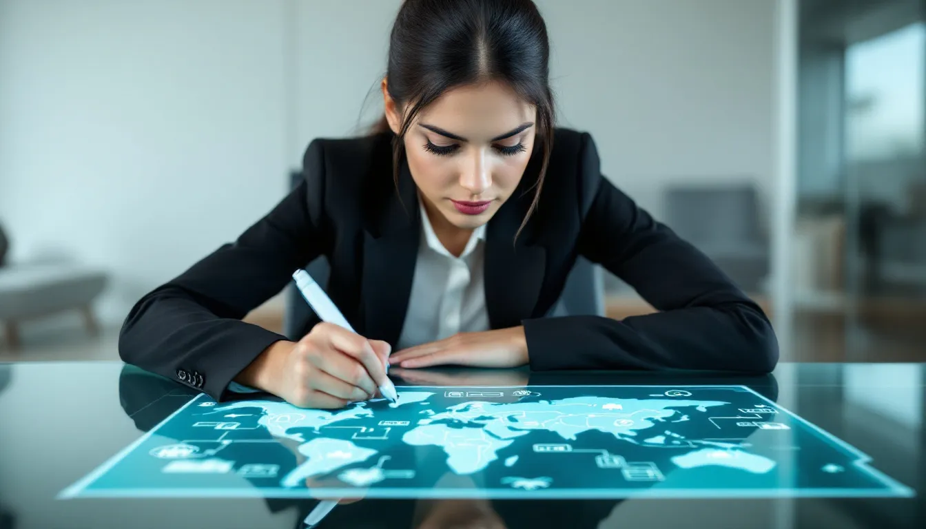 businesswoman drawing journey map on glass