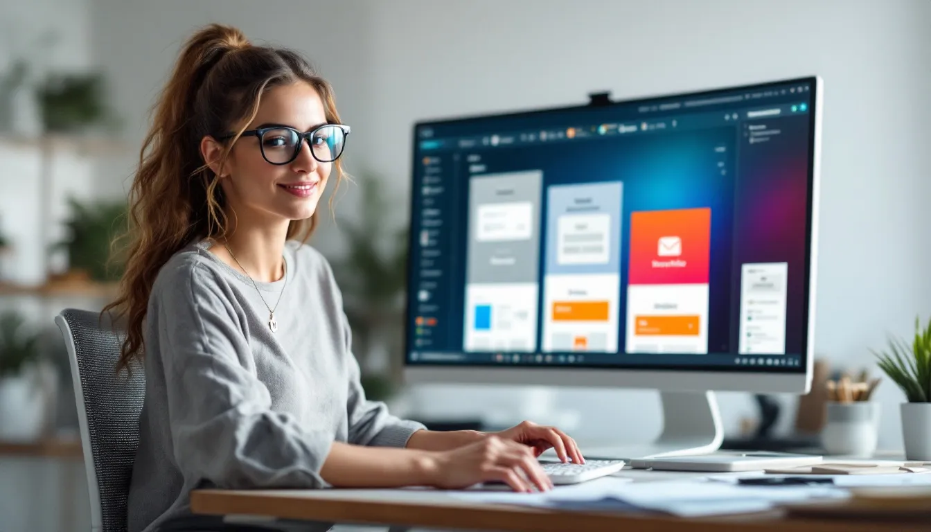 Designer using computer with email templates