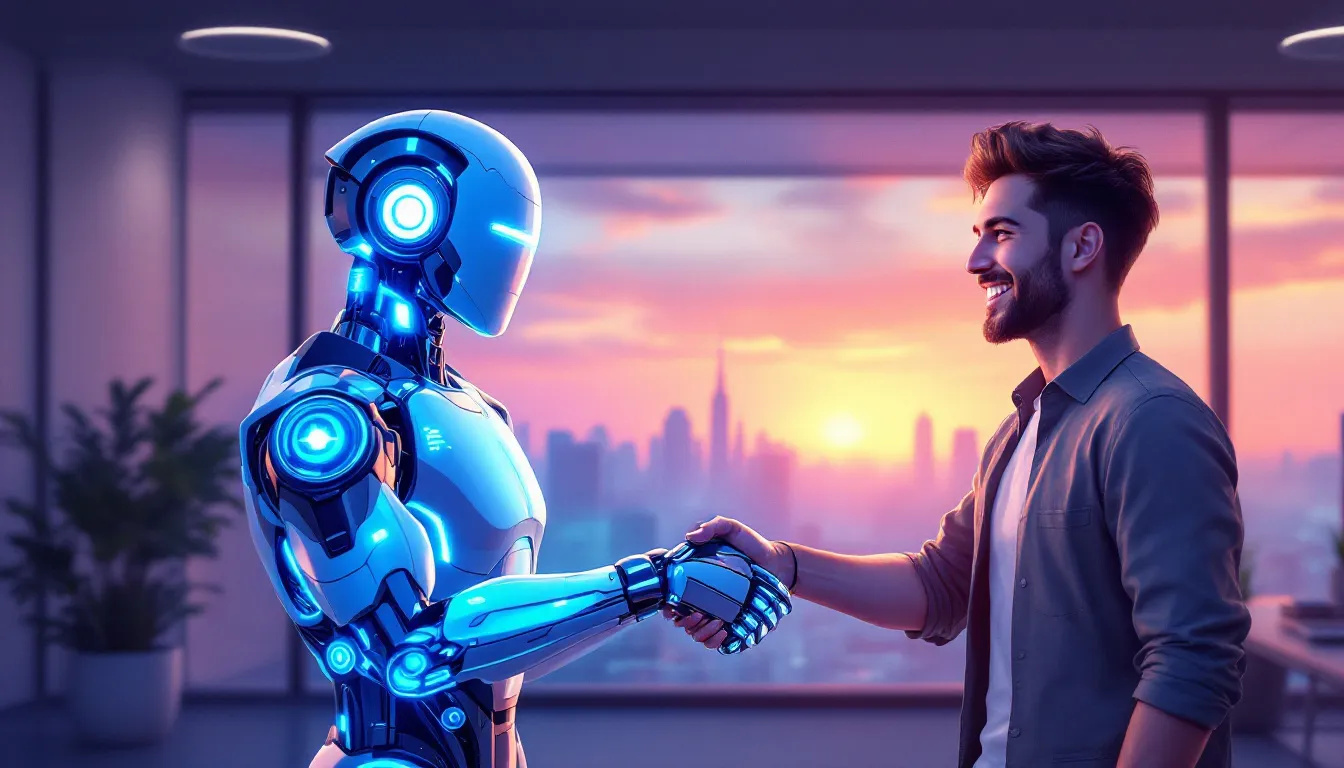 AI and human shaking hands digitally