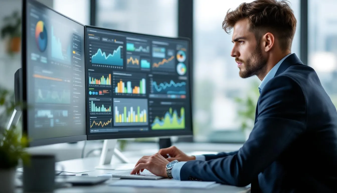 person typing on laptop surrounded by media icons