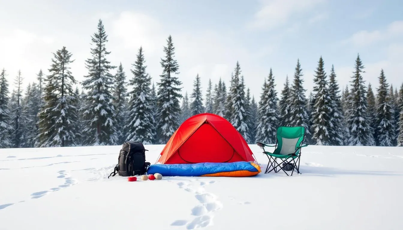 camping gear laid out on snowy ground