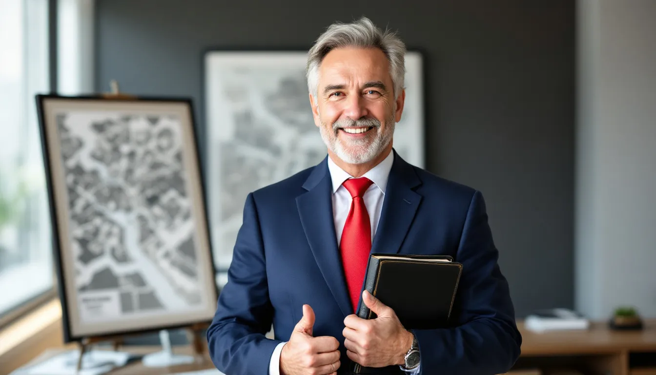 real estate agent holding guide in office