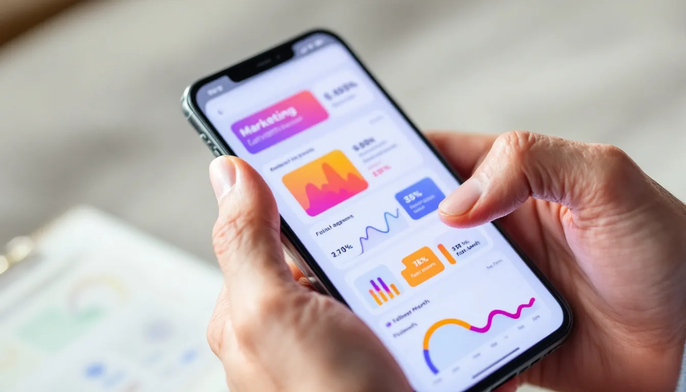 hand using smartphone with marketing charts