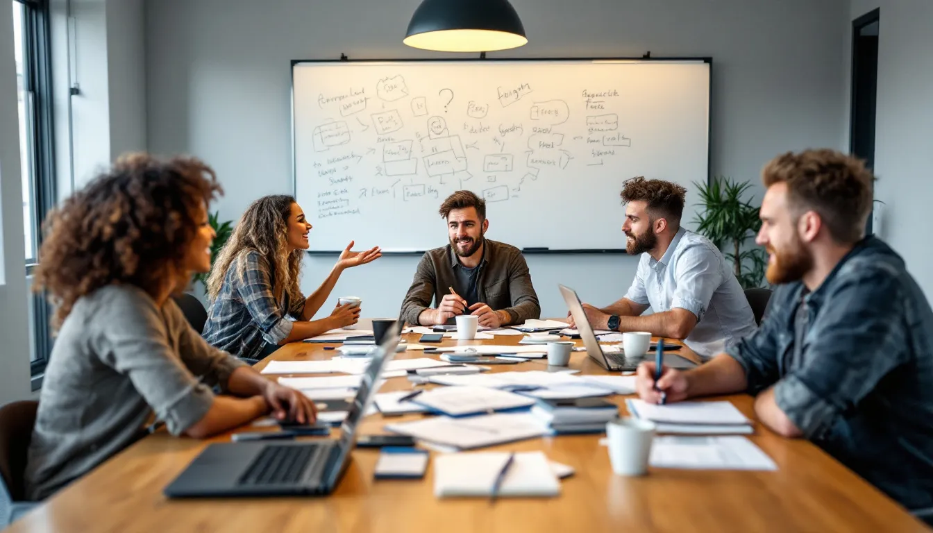 advertising team brainstorming around table