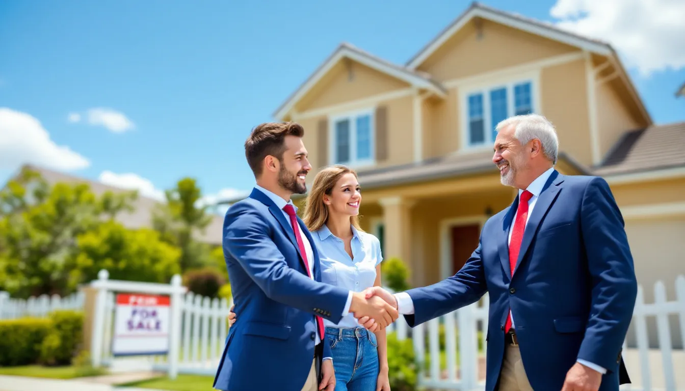 real estate agent shaking hands in front of house