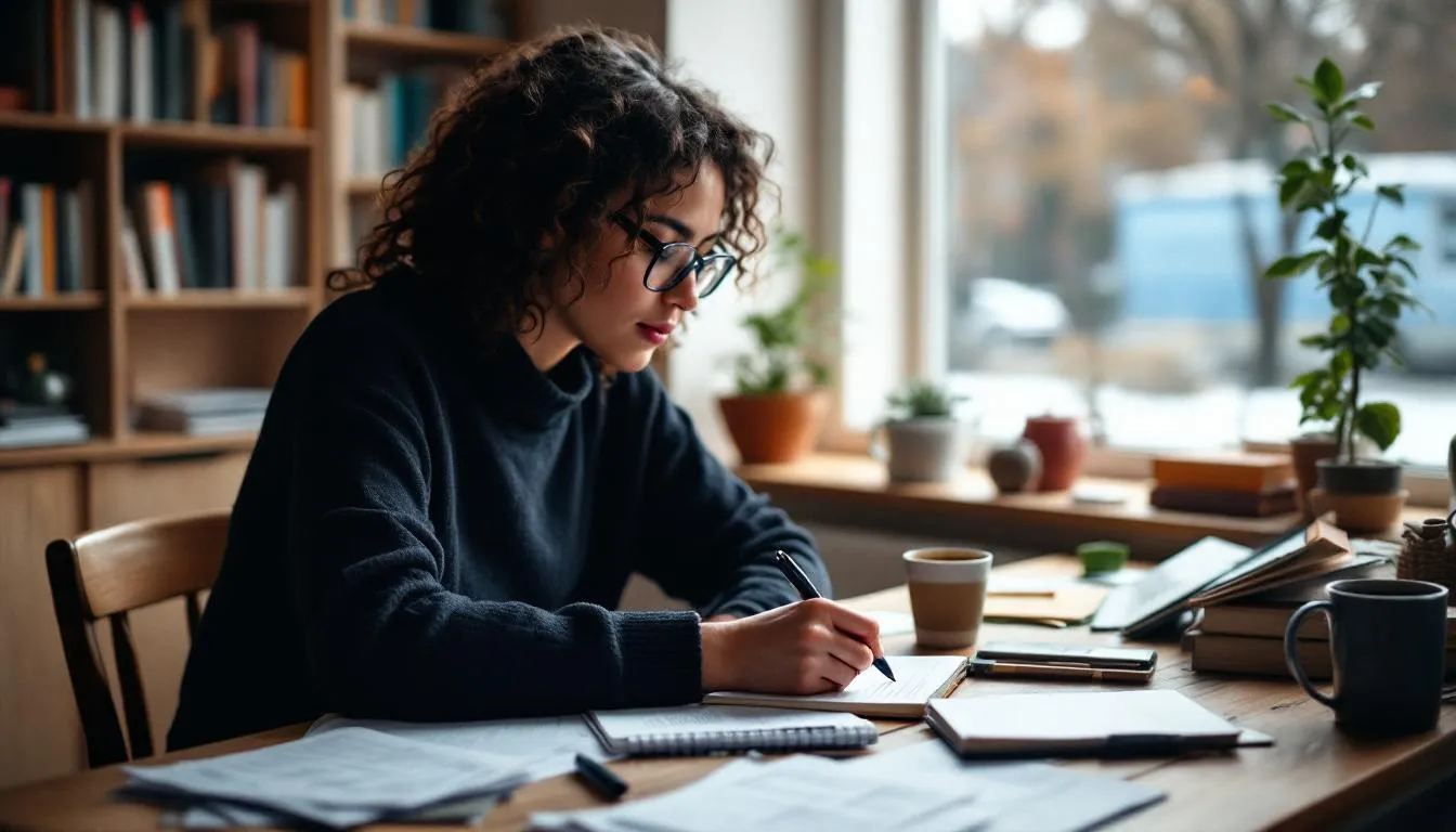 person writing story with coffee beside