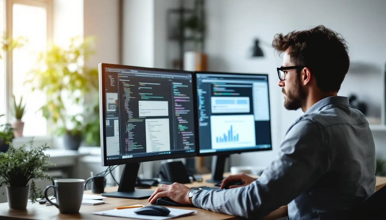 person smiling while typing casual blog