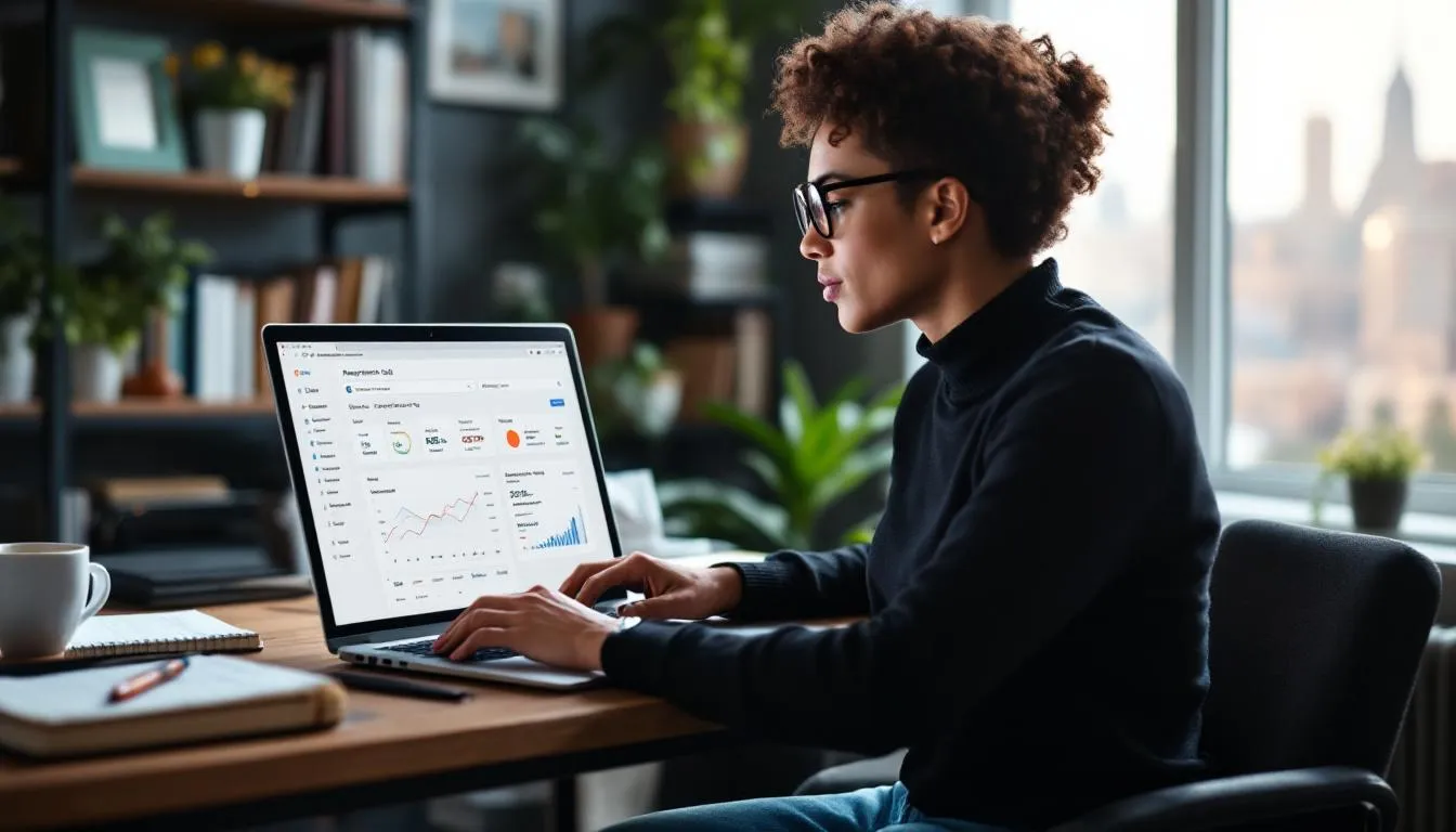 desk with reports and laptop open