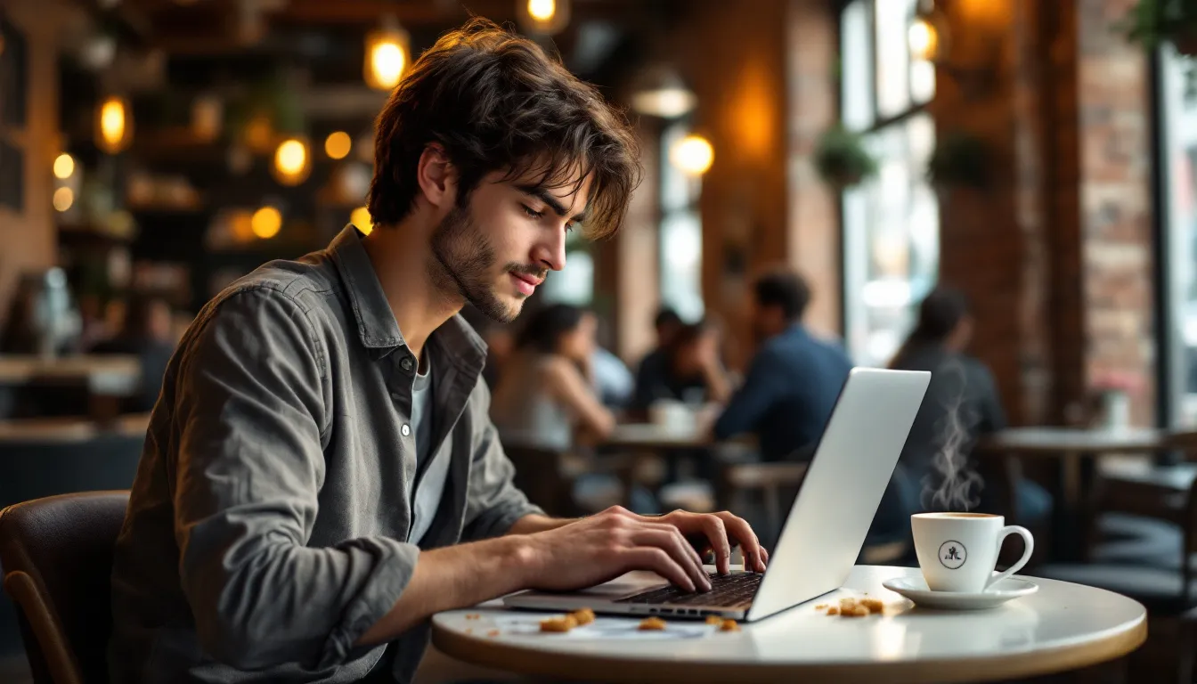 man using laptop in coffee shop