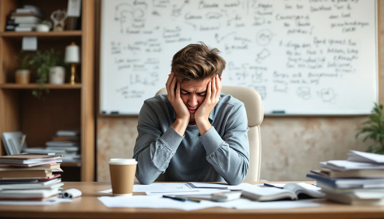 person holding head in frustration at desk