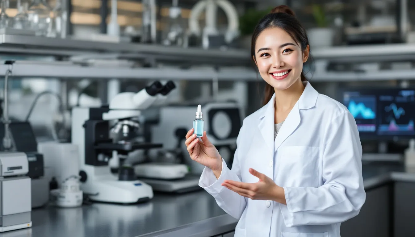 scientist presenting skincare serum in lab