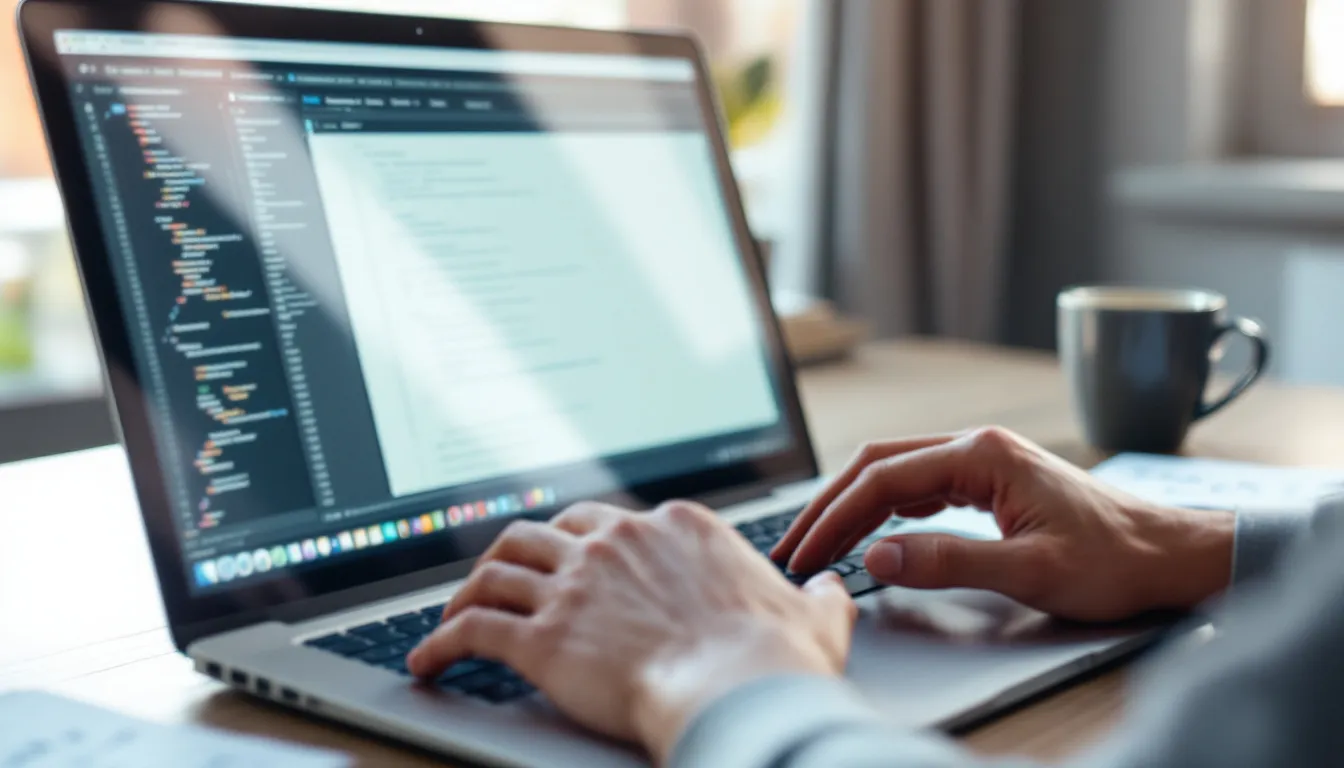 hands using dual laptop screens