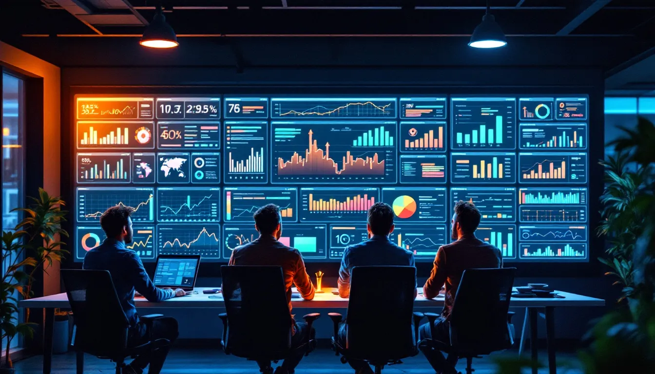 Marketing team analyzing data dashboard