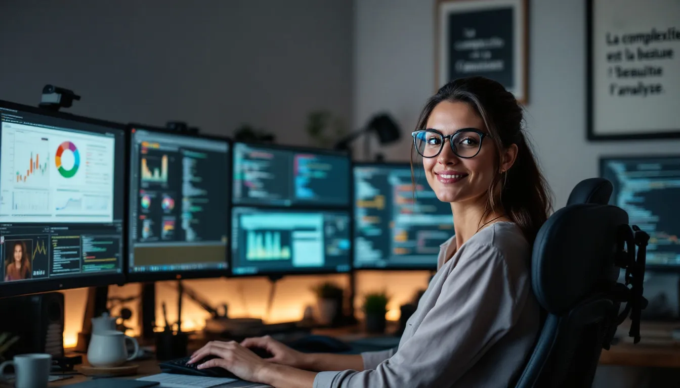 Data analyst working with multi-monitor setup