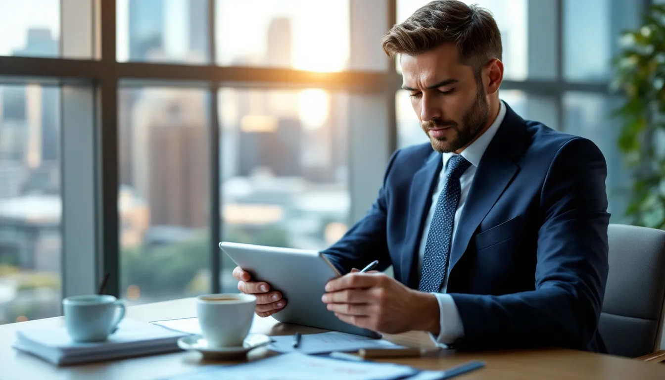 Businessman reviewing financial graphs on tablet