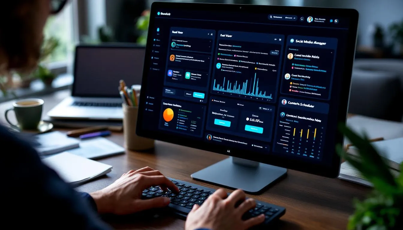 professional woman posting on laptop at desk