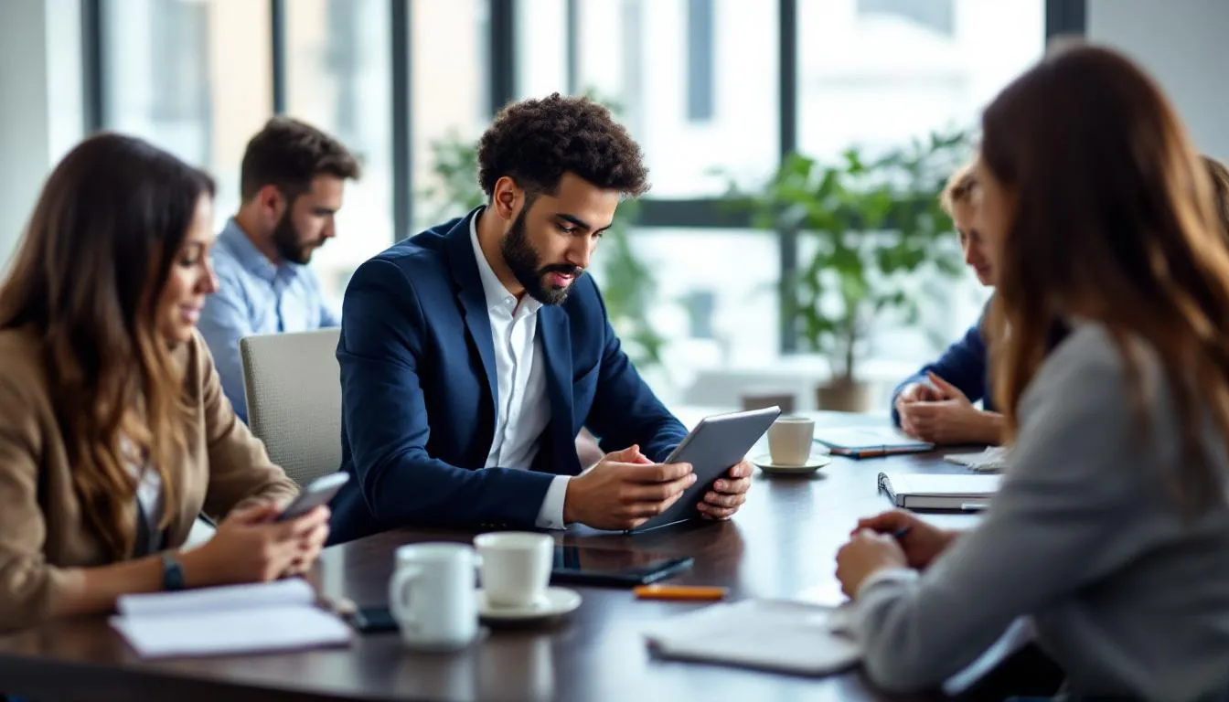 diverse team happily collaborating in creative office