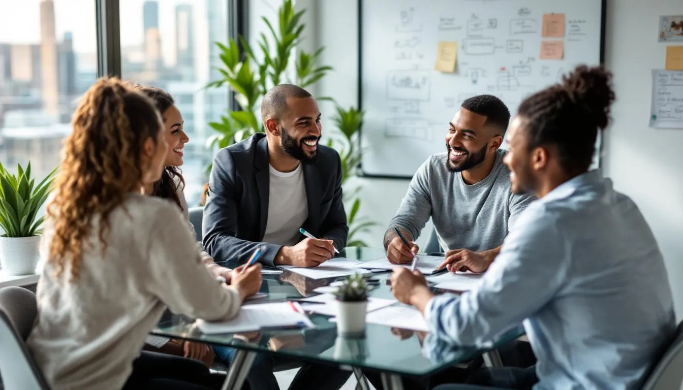 business people talking enthusiastically at table