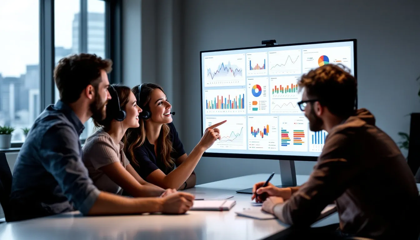 team analyzing charts on office computer
