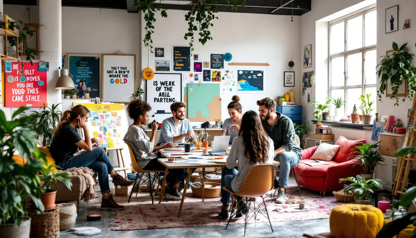 group of young creators brainstorming in studio