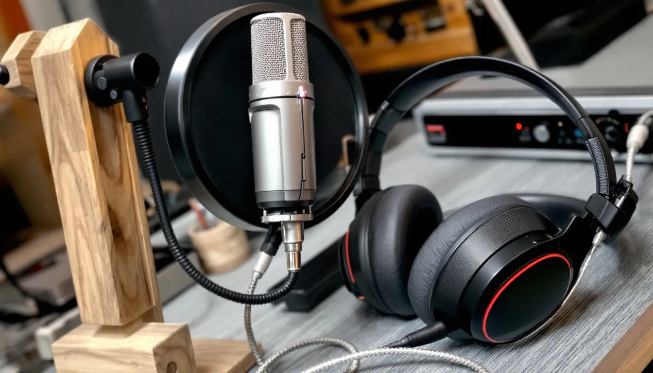 studio microphone with headphones setup