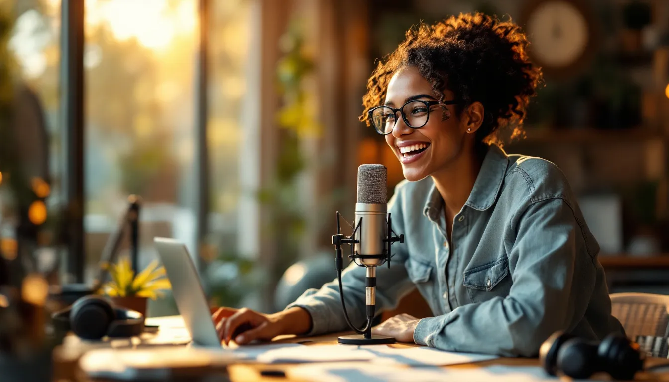 workflow chart and computer screen with podcast tools