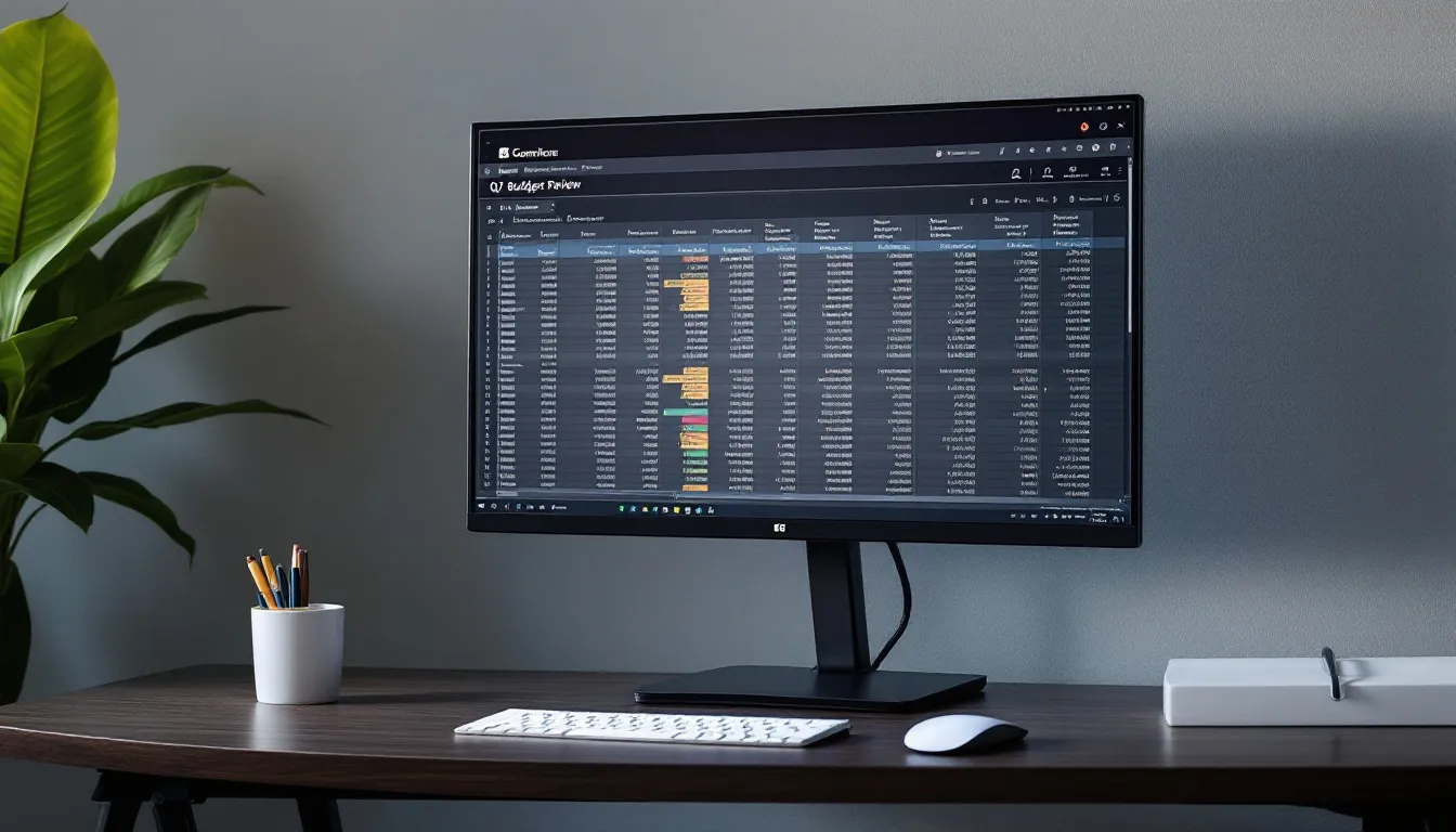 modern computer workspace with analytics dashboard