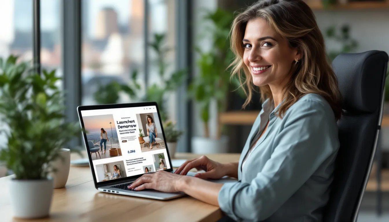 business owner smiling at computer planning ads