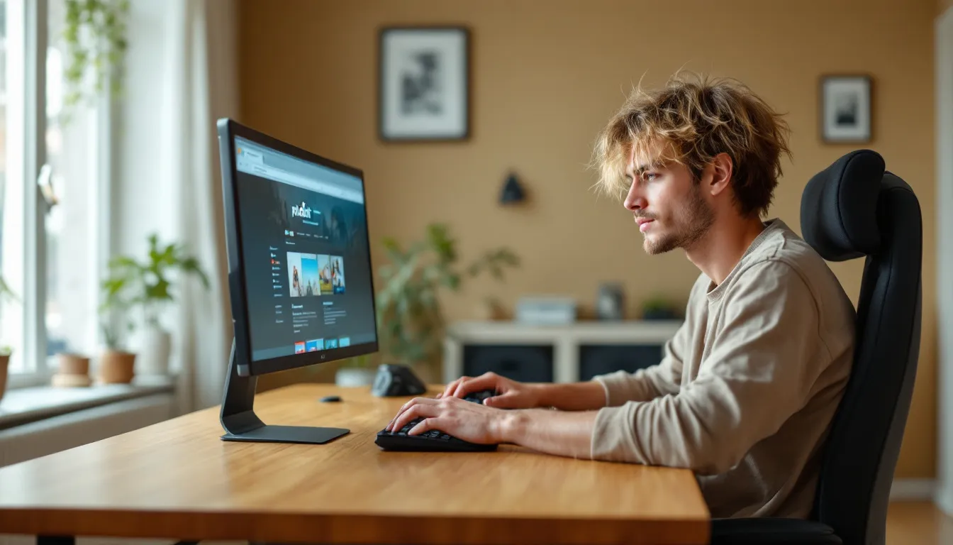 smiling person replying on laptop