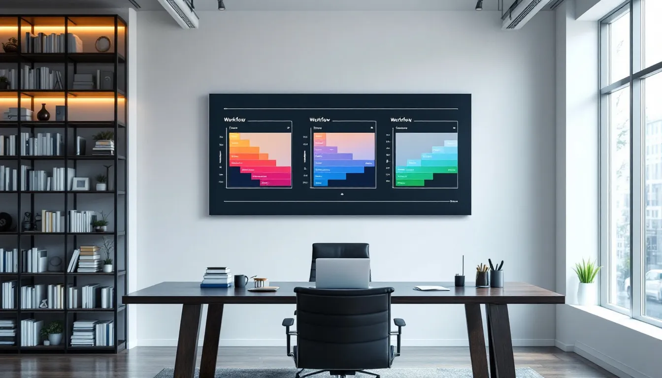 modern workspace with three digital workflow charts