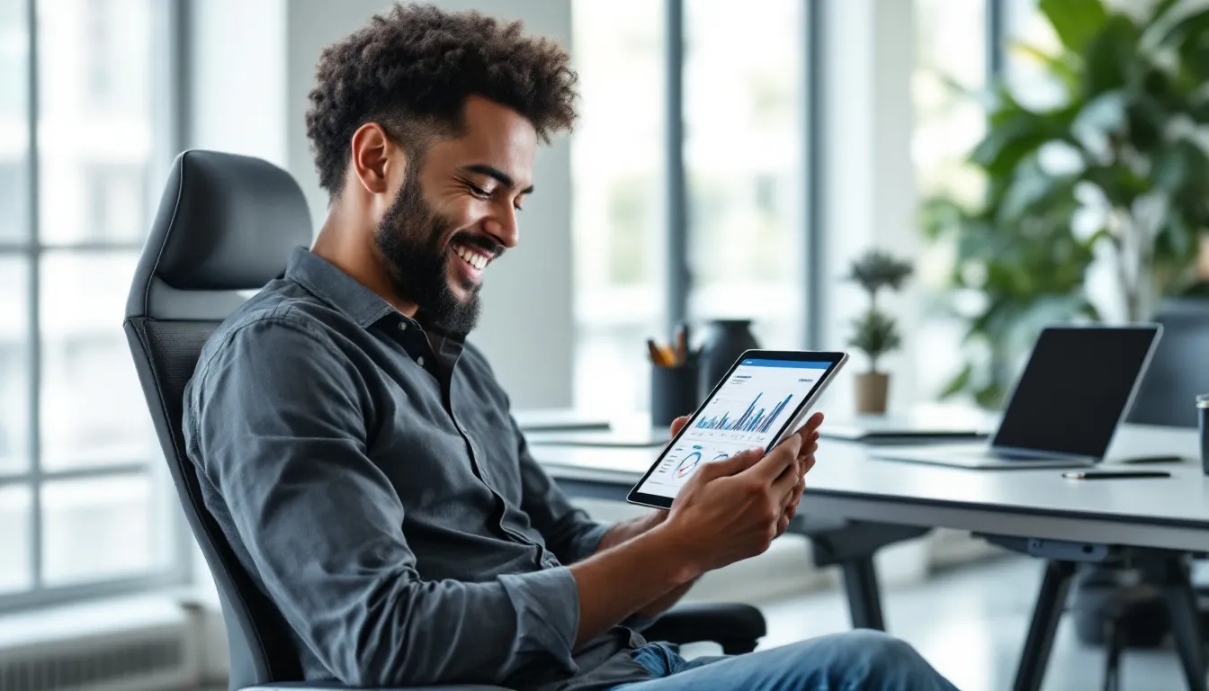 smiling person reading tablet with data dashboard