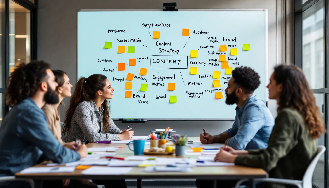 team planning content strategy on whiteboard