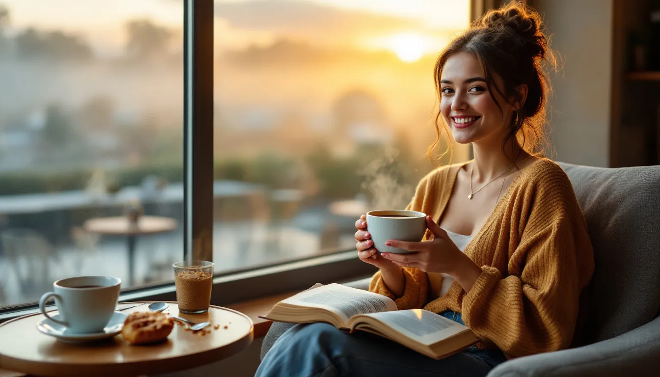 influencer film setup in cozy cafe