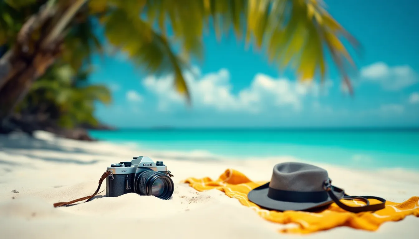 travel photo with beach and camera beside