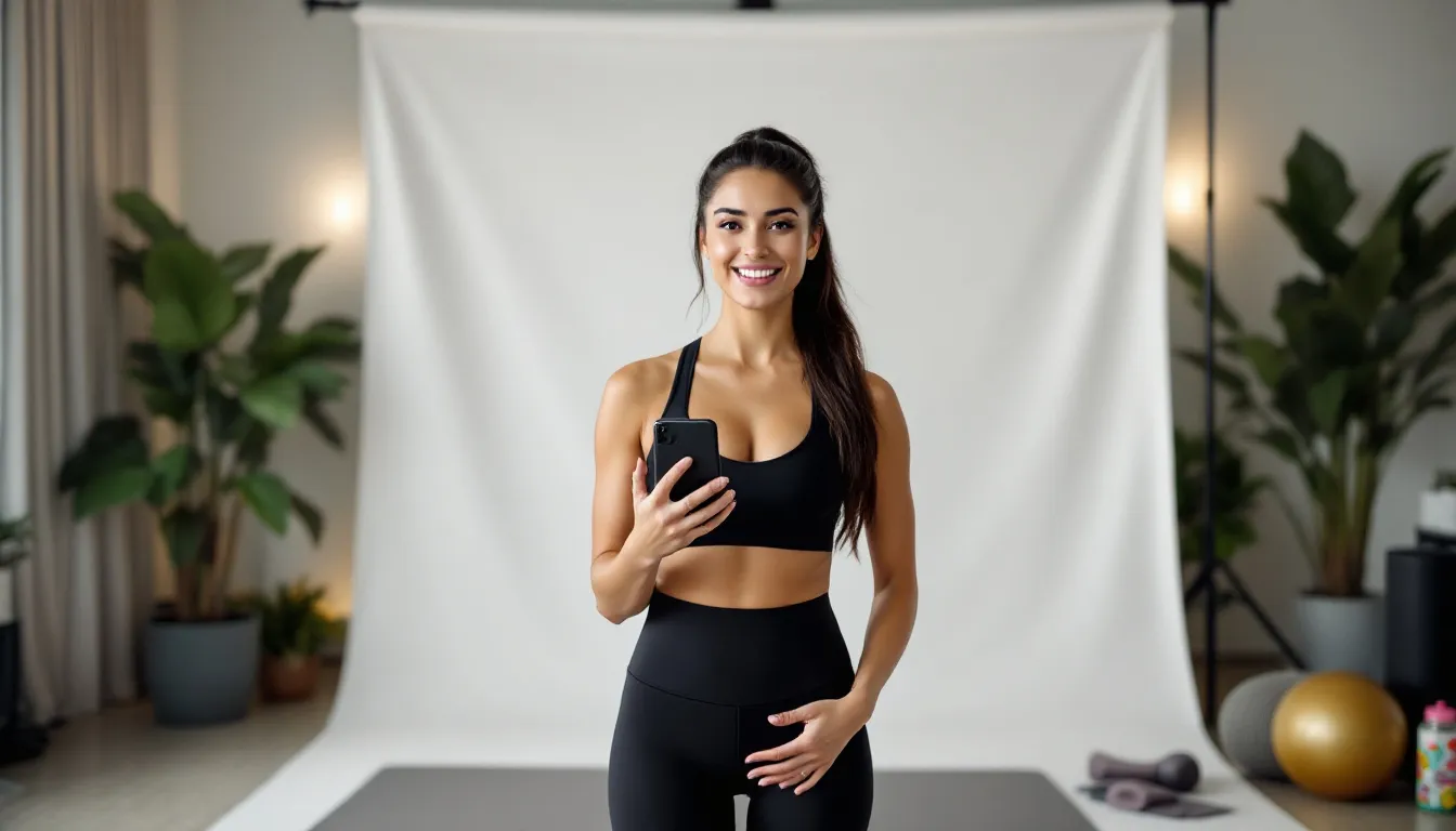 fitness influencer recording video in home studio